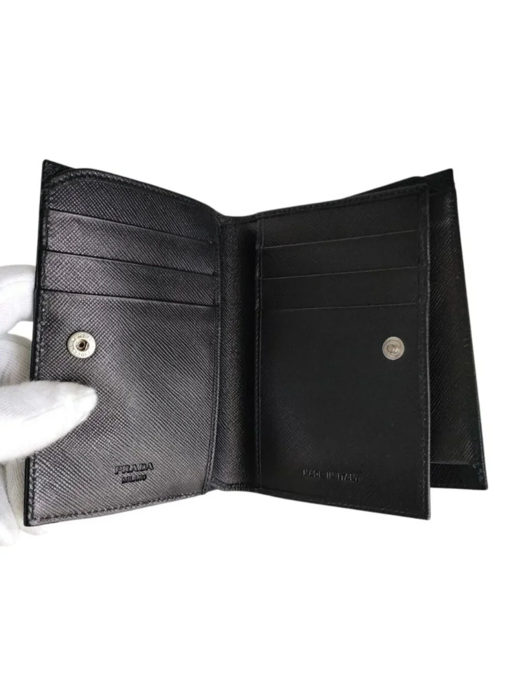 Prada Nylon Saffiano Leather Compact Wallet Bifold Black